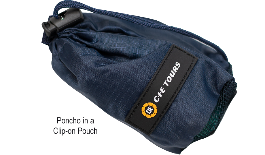 CIE Tours poncho in a clip-on pouch