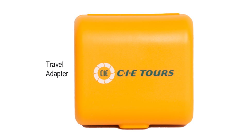 Travel adapter with CIE Tours logo