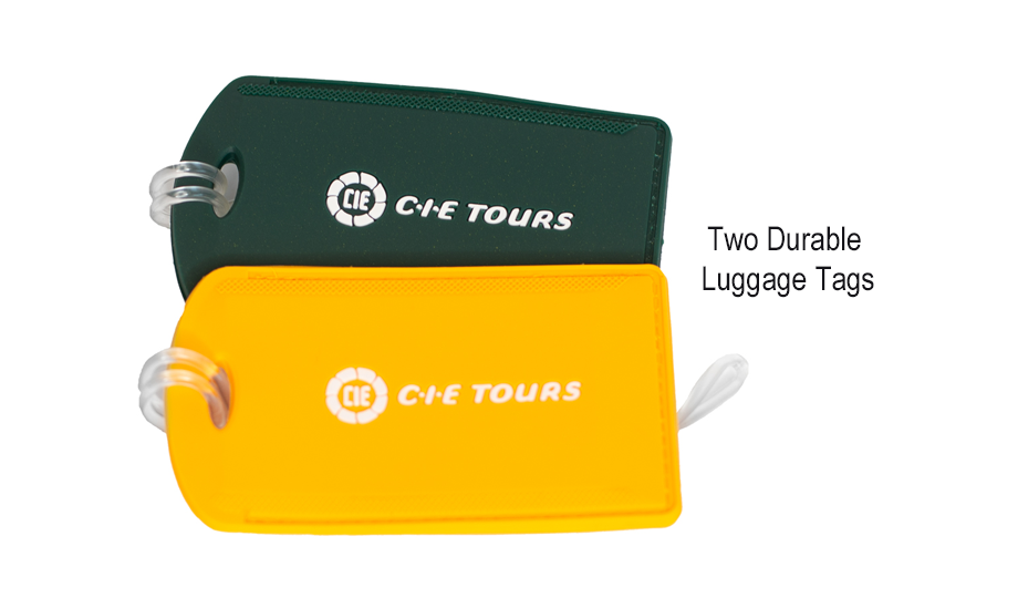 Two CIE Tours luggage tags, one green, one yellow